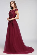 A-line Off-shoulder Floor-length Tulle Appliques Prom Dresses