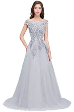 A-line Off-shoulder Floor-length Tulle Appliques Prom Dresses