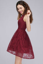 A-Line Round Neck Short Lace Burgundy Homecoming Dresses