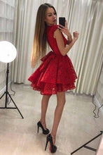 A-Line Round Neck Short Red Lace Homecoming Party Dress  PD228
