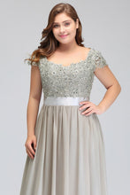 A-Line Scoop Floor Length Cap Sleeves Appliques Silver Evening Dresses with Sash