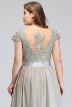 A-Line Scoop Floor Length Cap Sleeves Appliques Silver Evening Dresses with Sash