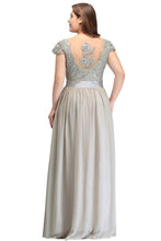 A-Line Scoop Floor Length Cap Sleeves Appliques Silver Evening Dresses with Sash