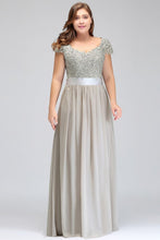 A-Line Scoop Floor Length Cap Sleeves Appliques Silver Evening Dresses with Sash