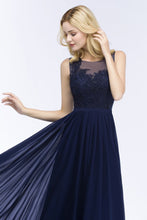 A-line Scoop Neck Bridesmaid Dress Chiffon Appliques Floor-Length Evening Maxi Gown Sleeveless