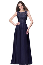 A-line Sleeveless Crew Floor-length Lace Top Chiffon Prom Dresses