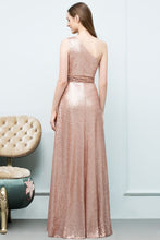 A-line Sleeveless Floor Length One-shoulder Sequins Prom Dresses