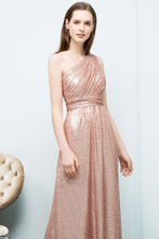 A-line Sleeveless Floor Length One-shoulder Sequins Prom Dresses