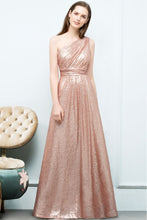 A-line Sleeveless Floor Length One-shoulder Sequins Prom Dresses