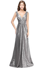 A-line Sleeveless Floor-length V-neck Sequins Prom Dresses