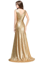 A-line Sleeveless Floor-length V-neck Sequins Prom Dresses