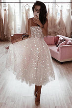 A Line Spaghetti Strap Tea Length Pearl Pink Homecoming Dress With Beading PD349