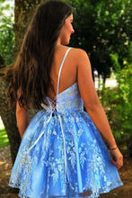 A Line Spaghetti Straps Blue Criss-Cross Homecoming Dress With Appliques  PD375