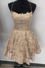 A Line Spaghetti Straps Cross Back Blue Lace Short Prom Dresses PD259