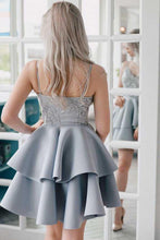 A-Line Spaghetti Straps Grey Satin Homecoming Dress with Appliques  PD027