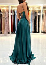 A-line Square Neckline Spaghetti Straps Backless Long Prom Dress with Split