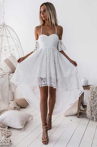 A-Line Straps Off-the-shoulder High Low White Lace Homecoming Dress  PD013