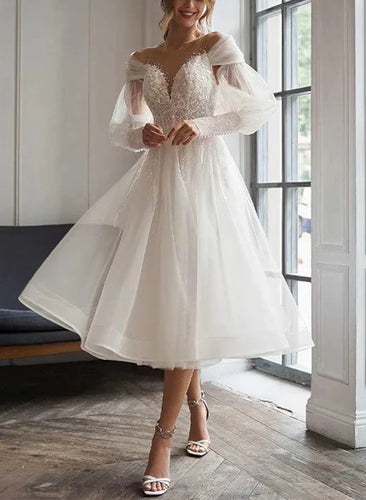 A-Line Sweetheart Appliques Lace Long Sleeves Elegant Tulle Wedding Dresses