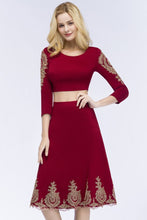 A-line Two-piece Plus Size Tea Length Long Sleeves Appliques Homecoming Dresses