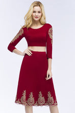 A-line Two-piece Plus Size Tea Length Long Sleeves Appliques Homecoming Dresses