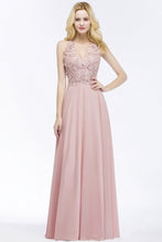 A-line V-neck Appliques Chiffon Evening Maxi Dresses Sleeveless Bridesmaid Dress
