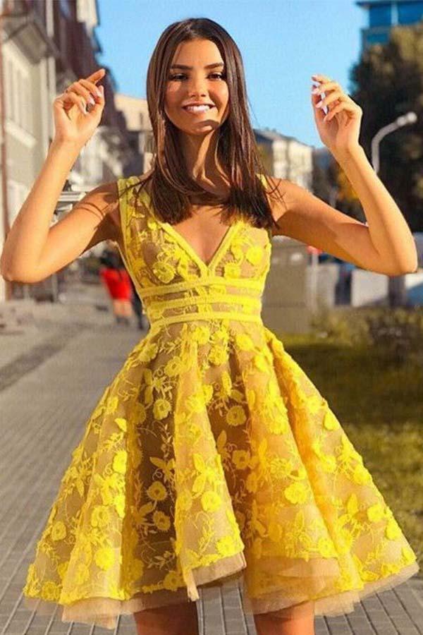 A-line V-neck Sleeveless Short Yellow Homecoming Dress PD381