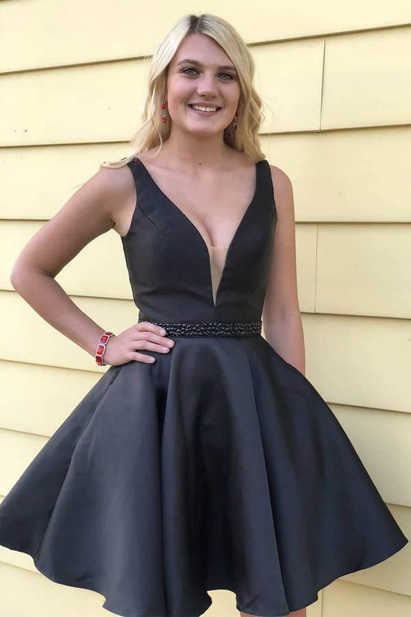 A Line V Neck Black Simple Homecoming Dresses with Pocket PD240