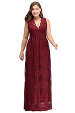 A-Line V-neck Floor Length Sleeveless Plus size Lace Burgundy Evening Dresses