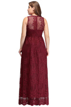 A-Line V-neck Floor Length Sleeveless Plus size Lace Burgundy Evening Dresses