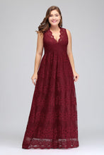 A-Line V-neck Floor Length Sleeveless Plus size Lace Burgundy Evening Dresses