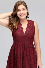 A-Line V-neck Floor Length Sleeveless Plus size Lace Burgundy Evening Dresses