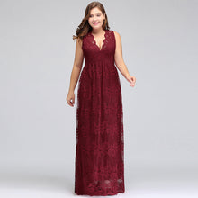 A-Line V-neck Floor Length Sleeveless Plus size Lace Burgundy Evening Dresses