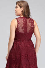 A-Line V-neck Floor Length Sleeveless Plus size Lace Burgundy Evening Dresses