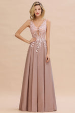 A-Line V-neck Floor-Length Tulle Sequined Prom Dresses