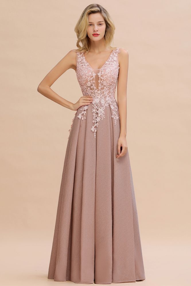 A-Line V-neck Floor-Length Tulle Sequined Prom Dresses