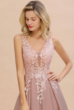 A-Line V-neck Floor-Length Tulle Sequined Prom Dresses