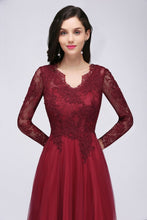 A-line V-neck Long Sleeves Lace Tulle Backless Prom Dresses