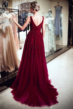 A-line V-neck Sleeveless Burgundy Sequins Tulle Evening Dress