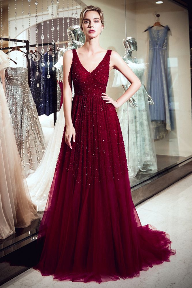 A-line V-neck Sleeveless Burgundy Sequins Tulle Evening Dress