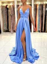 Simple Long A-Line V-Neck Sleeveless Satin Prom Dress With Split
