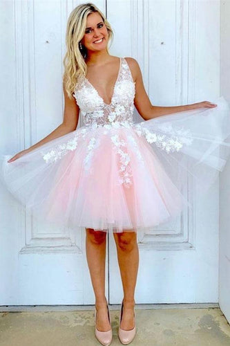 A-line V Neck Tulle Short Pink and White Homecoming Dress Short Prom Dress PD350