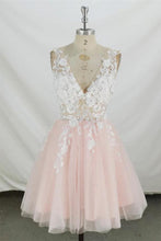 A-line V Neck Tulle Short Pink and White Homecoming Dress Short Prom Dress PD350