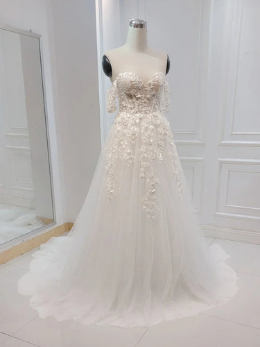 A-line Flower Embroidery Off the Shoulder Wedding Dress