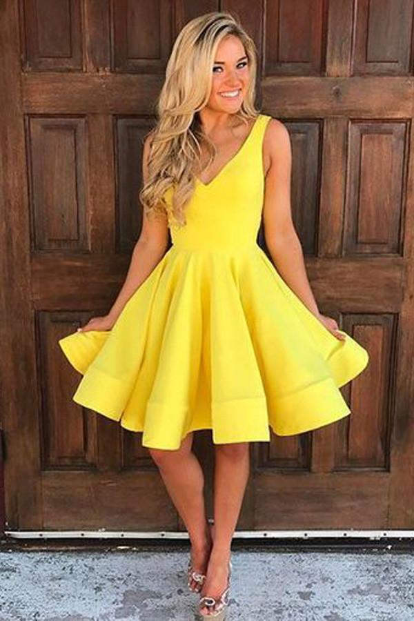 A-line Yellow Satin Short Prom Dress Homecoming Dress Short Prom Dresses PG113