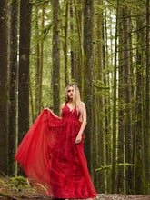 A-Line/Elegant Applique Tulle Sleeveless V-neck Floor-Length Prom Dresses