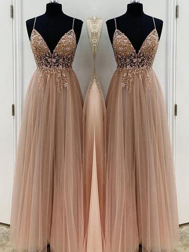 A-Line/Elegant Beading Tulle Spaghetti Straps Sleeveless Floor-Length Prom Dresses