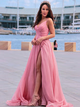 A-Line/Elegant Chiffon Ruched Spaghetti Straps Sleeveless Prom Dresses