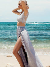 A-Line/Elegant Jewel Sleeveless Satin Floor-Length Lace Two Piece Prom Dresses