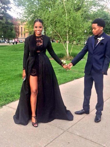 A-Line/Elegant Long Sleeves Jewel Lace Satin Prom Dresses