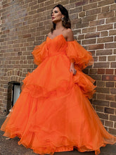 A-Line/Elegant Organza Off-the-Shoulder Layers Long Sleeves Floor-Length Prom Dresses